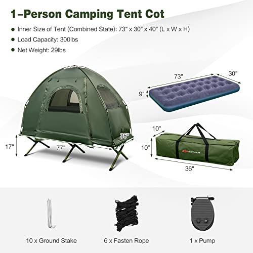 Single Tent Bed, Portable Camping Tent With Air Mattress And Pillow, Folding Camping Cot Of Metal Frame, Single Sleep Bag With Polyester Canopy, For Outdoor Family Camping Picnic - Military Green #TOP6