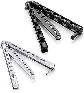Butterfly Knife, Trainer Practice Tool Steel Metal Folding Knife Unsharpened Butterfly Knife for Practicing Flipping Tricks (Black and Silver, Set of 2)