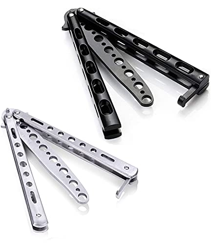 Butterfly Knife, Trainer Practice Tool Steel Metal Folding Knife Unsharpened Butterfly Knife for Practicing Flipping Tricks (Black and Silver, Set of 2)