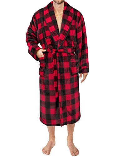 Pavilia Mens Soft Robe, Plaid Red | Warm Flannel Fleece Robes For Men, Soft Spa Bathrobe With Piping, Shawl Collar, And Pockets (Buffalo Checker Red) #TOP10