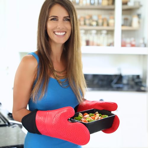 HOMWE Extra Long Professional Silicone Oven Mitt, Oven Mitts with Quilted Liner, Heat Resistant Pot Holders, Flexible Oven Gloves, Red, 1 Pair, 14.7 Inch