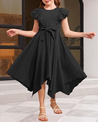 MITILLY Tween Girls Summer Dress Double Layer Ruffle Sleeve High Low Swing Flowy Casual Elegant Dresses with Belt3