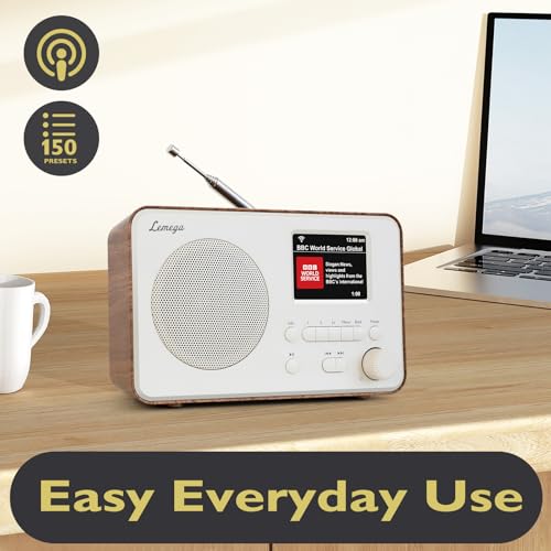 Image of LeMega IR1S Internet Radio, Podcasts, Bluetooth, FM, Walnut | Alarm clock, full colour display, mains or AA battery, compact kitchen radio, snooze, sleep timer, 150 unified presets