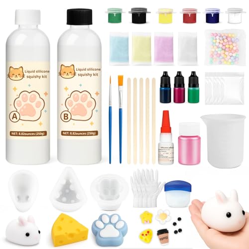 1DFAUL Kit para hacer Squishy de silicona líquida 17.6oz, Sin burbujas y secado rápido, Con conejo, pata de gato y moldes de queso, Divertidos regalos para aliviar el estrés