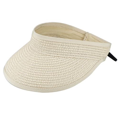 KorhLeoh Women Straw Sun Visor Cap Wide Brim Summer UV Protection Sun Beach Hat Foldable Packable Beige