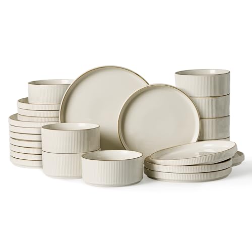 Image of Famiware Star 24-Piece Stoneware Dinnerware Sets with Trim, Service for 8 - Ceramic Plates and Bowls Set, Ribbed Dishes with High Edge, Chip & Scratch Resistant, Microwave & Dishwasher Safe, White
