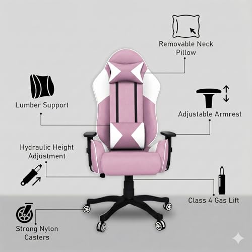 Image of ASE GAMING Gold Series Ergonomic Gaming Chair Premium PU Leather, Adjustable Neck & Lumbar Pillow, 180 Degree Recline with Black Metal Base with 3 Years Warranty (Pink)