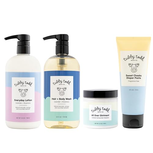 Image of Tubby Todd Baby Bath & Skincare Kit - The Baby Bundle - Baby Shampoo and Body Wash, Everyday Lotion 25 Oz, All Over Ointment 3.5 Oz & Diaper Paste Cream 7.9 Oz Gift Set - Lavender Rosemary