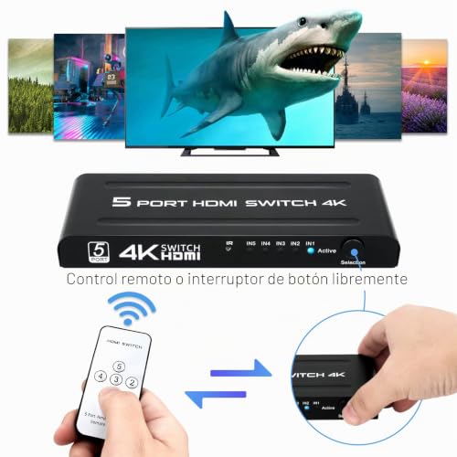 Miniatura 4 de Switch Hdmi 5 Entradas 1 Salida, 4k Conmutador Hdmi Automatico Con Alimentación Y Mando A Distancia Para Hdtv Dvd Xbox Ps3 Ps4 Blu-Ray Proyector