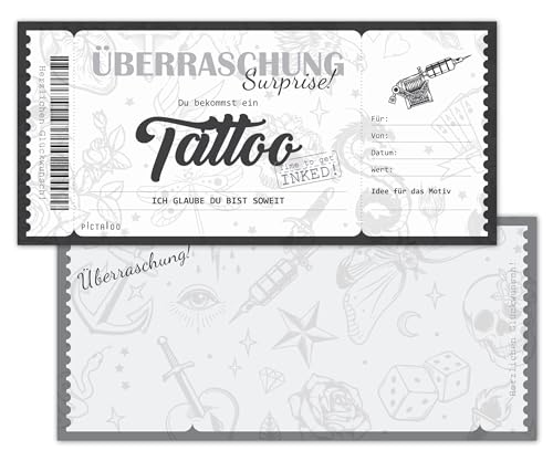 PICTALOO Tatuaggio buono per tatuaggi, regalo di compleanno, carta regalo, tatuaggio da compilare con motivi di tatuaggio bianco e nero, buono tatuaggio (busta nera)