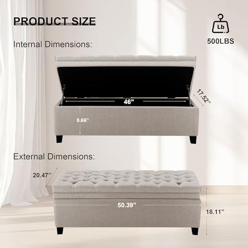 Image of 51 inch Storage Ottoman for Bedroom & Living Room, End of Bed Bench with Black Wooden Legs, Linen Upholstered Tufted Ottoman, Entryway Storage Bench, Beige