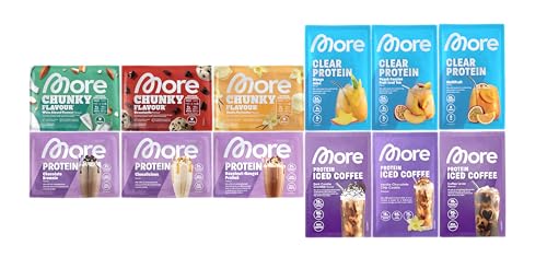 MORE mixed Protein- und Geschmackspulver Probenbundle, 12er Pack, aus Chunky Flavour, More Clear, More Protein, Protein Iced Coffee, ideal zum Muskelaufbau und -erhalt (Sorten können variieren)
