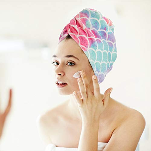 3 Pack Microfiber Hair Drying Towel- Super Absorbent Instant Hair Dry Wrap With Button Anti Frizz Soft Bath Shower Cap Head Towel For Girls Women Ladies Kids Long & Thick Hair Drying Quickly (Mermaid) #TOP3