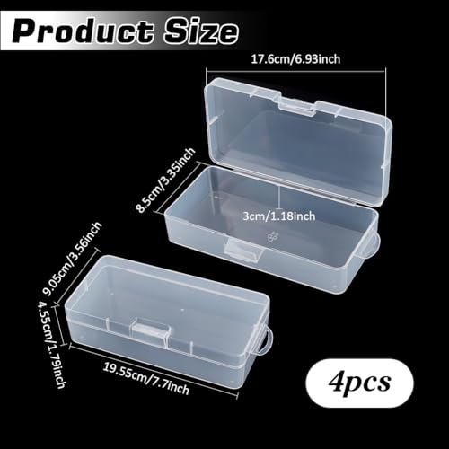 Image of BENECREAT 4 Packs Rectangle Plastic Container Box, 7x3.3x1.2 Inch Clear Storage Organizer with Hinged Lid and Hanging Hole for Small Craft Accessories Office Supplies