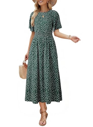 Dokotoo Women's Bohemian Polka Dot A-Line Midi Maxi Dress Summer Beach Vacation Flutter Sleeve Smocked Sundress Green Medium