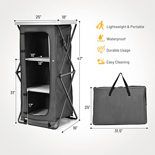 Giantex Folding Camping Storage Cabinet with 3 Shelves and Carry Bag, Portable Outdoor Organizer Kitchen Table, Quick Set-up for BBQ, Picnic, Backyard, Compact Pop-Up Cupboard, 47''H - Image 3