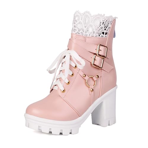 Image of BEAUPAS Women's Gothic Lace Up Platform Ankle Boots Buckles | Buckle Strap, Chunky High Heel, Lace Cuff Top, Platform Combat Boots, Women's Footwear