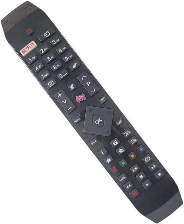 കോണാകൃതിയിലുള്ളത് view of the black replacement remote control for Hitachi Smart TV, showing various buttons including Netflix, power, volume, channel, and navigation keys.