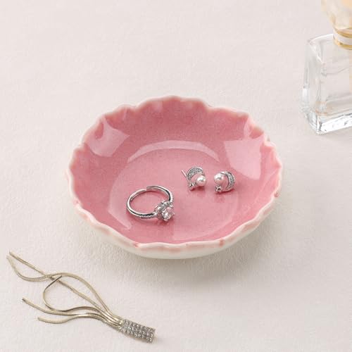 HOME SMILE Ring Jewelry Dish Pastel Pink Ruffled Ceramic |Trinket Tray for Earrings, Necklaces|Mothers Day Birthday Friendship Gifts for Women|Vanity Organizer & Bathroom Decor