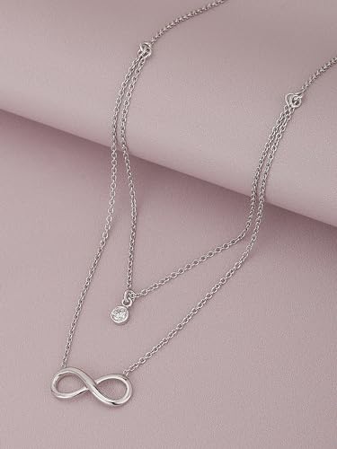 Image of Carlton London Womens 925 Sterling Silver Dangling Infinity & Solitaire with Rhodium Plated Double Chain Necklace