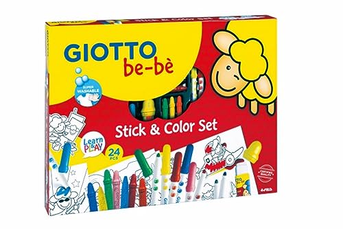 GIOTTO be-bè 1st Stick and Colour Set for Young Children, Colouring Felt Tips/Wax Crayons/Template Cards, Assorted Colours, Super Washable, Ideal for School and Home