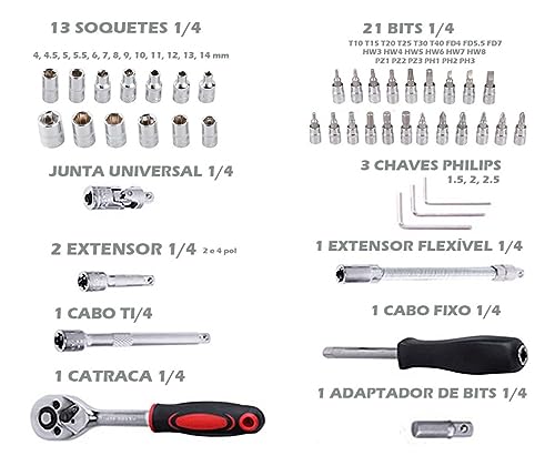 Conjunto com 46 chaves catraca, soquete de 6,35 mm, com conjunto de soquete métrico e haste de exten
