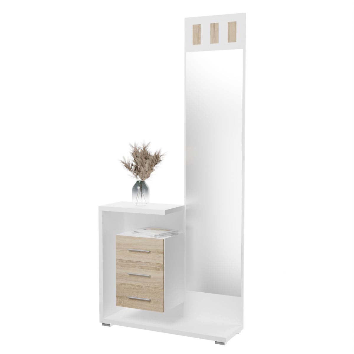 Somnia - Mueble Recibidor Vertical, Modelo Celine, Práctico y Funcional, Color Blanco y Cambria, Medidas: 85 cm Largo x 28 cm Fondo x 190 cm Alto