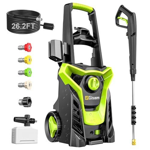 Gisam 2200W Nettoyeur Haute Pression, avec Enrouleur De Tuyau De 8m, Max 180bar,DéBit 480l/H,avec Bouteille De Savon Buse à Mousse, Pistolet Haute Pression pour, Voitures/ClôTures/Jardin