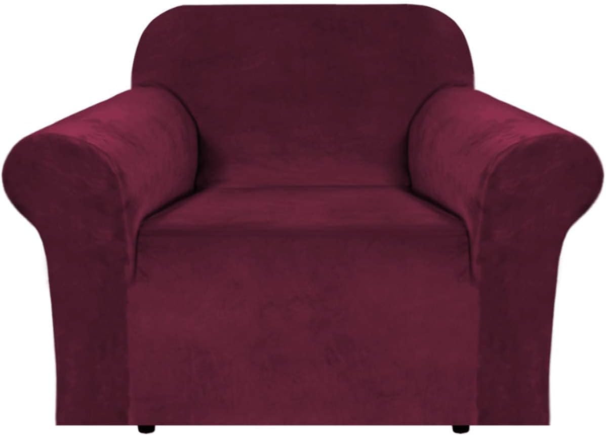 H.VERSAILTEX Velvet One Piece Sofa Slipcover (Chair 32"-48", Burgundy) Bundles Rectangle Ottoman Slipcover(Large, Burgundy)