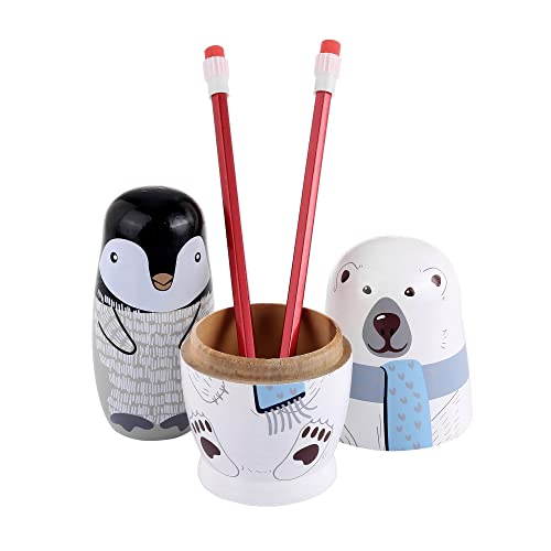 Yoption 5Pcs Russian Matryoshka Dolls Handmade Wooden Polar Bear Penguin Nesting Dolls Set for Kids Christmas Birthday Toy Gift (Polar Bear)