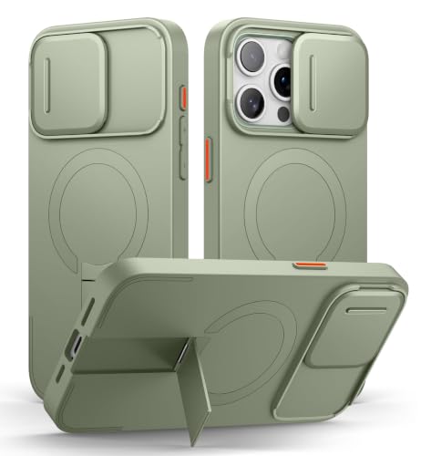 Image of SURITCH for iPhone 15 Pro Max Case with Magnetic Camera Slide Cover and Adjustable Kickstand, Compatible with MagSafe, Shockproof Bumper Case Slim Protective Cover 6.7 Inch, Green