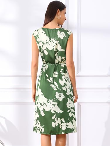 Image of Allegra K Elegant Floral Dress for Women's Vintage Cowl Neck Cap Sleeve Cocktail Tie Waist Shift Midi Dress