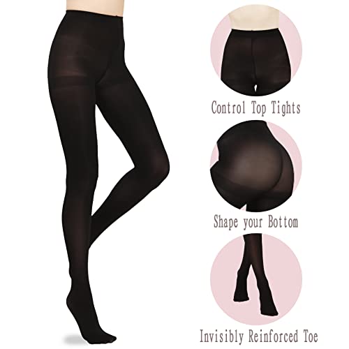 Ha Wa 2 Pairs Semi Opaque Tights, Winter Control Top 40D Microfiber Pantyhose For Women (Black+Black, Small) #TOP1