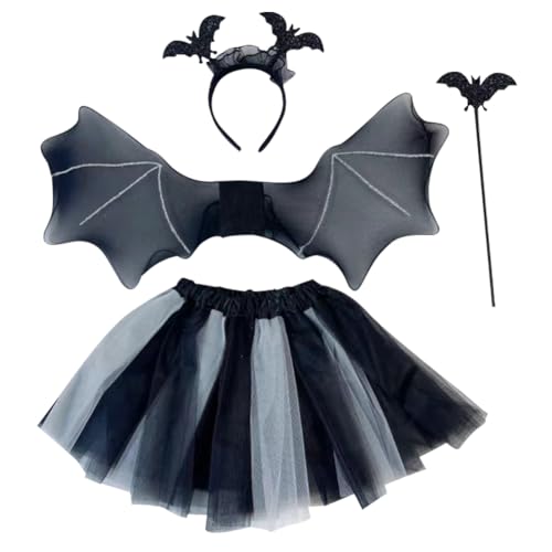 NDBLJTR Disfraz Murciélago Halloween 4 Piezas Disfraz Murciélago Niña, Alas de Murciélago para Niños, Diadema, Varita Mágica, Falda Tutú, Halloween Disfraz para Fiesta de Cosplay, Carnaval(Negro)