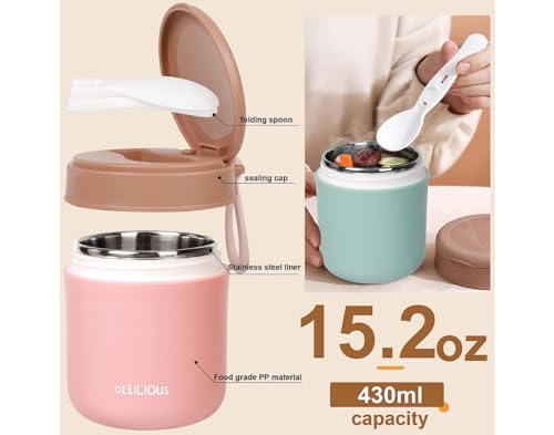 Image of Mug With Foldable Spoon, Stainless Steel Thermal Food Container Soup Cup Leak Proof Insulated Lunch Box Hot Cold Food For Office Picnic Travel.16 Oz. (Light Green), 430Ml