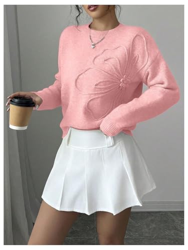 Image of Verdusa Women's Spring 3D Flower Appliques Crewneck Sweaters Long Sleeve Drop Shoulder Pullovers Knit Going Out Tops