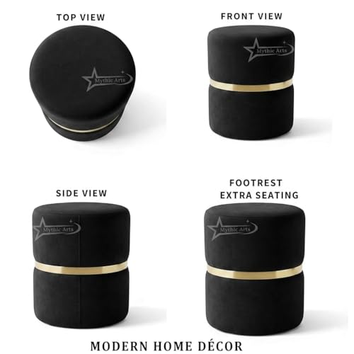 Image of Round Single Strip Upholstered Stool Living Room Foot Rest Linen Fabric Padded Seat Pouf Ottoman Office Stool Black