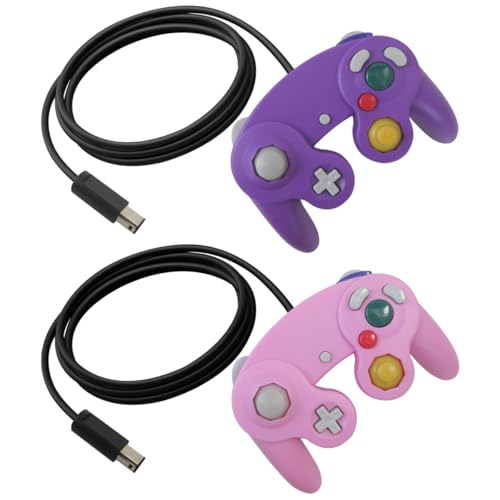 HEKUTU Upgraded 2-Pack Wired Controllers for GameCube/Wii – Extend to for Switch/PC/Wii U via Adapter*, Rumble, Plug & Play, Ideal for Family Game Nights (Pink& Purple)