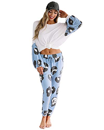 AUTCY Pjs for Women Set,Womens 2 Pieces Printed Pajamas Set Sweatpants Sets Long Sleeve Pullover with Long Pants Sweatsuit Set Blue