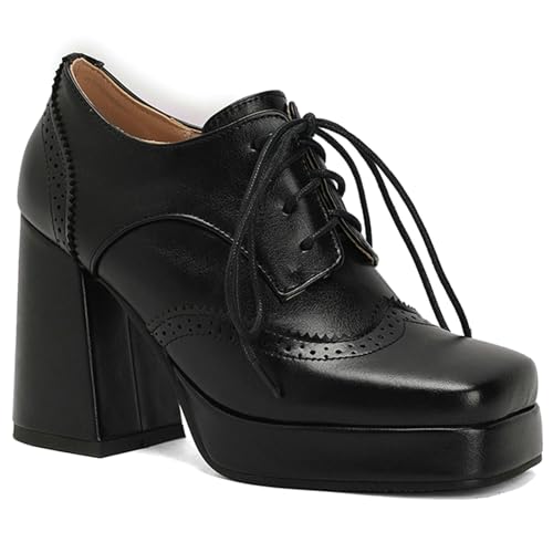 KysBloes Women Platform Oxford Shoes Chunky High Heel Pumps Vintage Wingtip Oxford Shoes Square Toe Lace Up Booties2