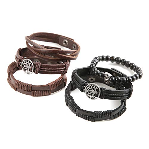 Hzman Genuine Leather Tree Of Life Bracelets Men Women, Tiger Eye Natural Stone Lava Rock Beads Ethnic Tribal Elastic Bracelets Wristbands (6 Pcs) #TOP3