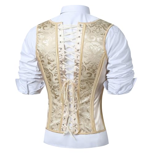 Mens Corset Vest Lace Up Bones Formal Waistcoat Beige Floral Waist Trainer Dress Vest For Wedding Party2
