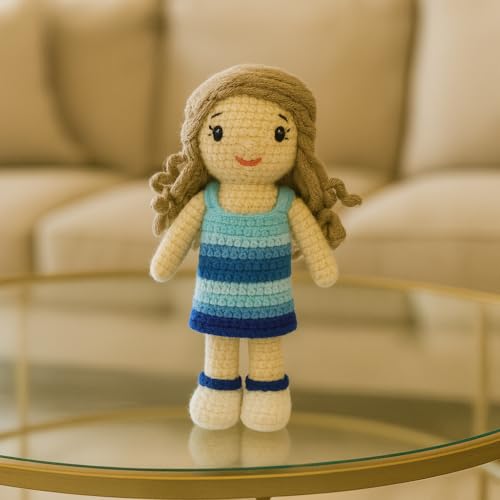 Image of Sutra Handmade Crochet Doll in Blue Dress | Wool Amigurumi Plush Toy | Soft & Safe Handmade Gift for Kids, Nursery & Home Decor