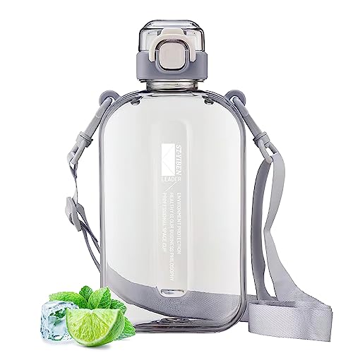 Darryy Auslaufsichere Trinkflasche, Gym-Wasserflasche, flache Wasserflasche, 750 ml, auslaufsicher, Sportflasche mit Riemen, Bpa Trinkflasche ohne Wasser, Grau
