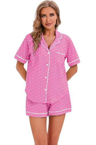 Image of LUBOT 100% Cotton Pajamas for Women 2 Piece PJ Set Button-Down Soft Knit Short Sleeve Summer Sleepwear Loungewear XS-XXL