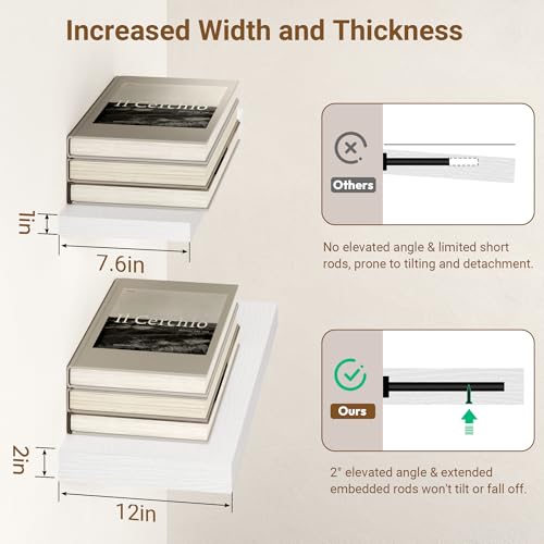Image of 55 Inch Floating Shelves, 12 Inch Deep Floating Shelves for Wall, Extra Deeper & Thicker Wooden Wall Shelf with Invisible Brackets, Shelf for Bedroom Living Room Home Decor(White, Set of 2)
