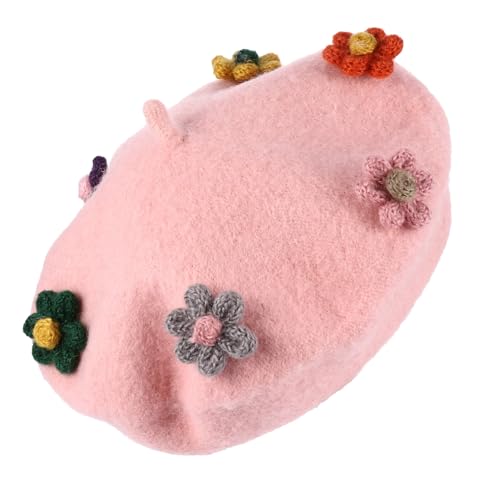 Ciieeo ’s Woolen Flower Beret Hat, Warm Painter Style Beanie Cap with Floral Design, Pink Fall Winter ’ Fashion Accessory