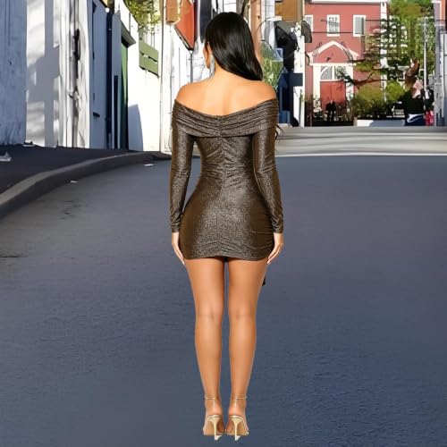 Image of Women's Casual Round Neck Long Sleeve Night Club Party Sexy Sparkly Bodycon Wrap Mini Dress