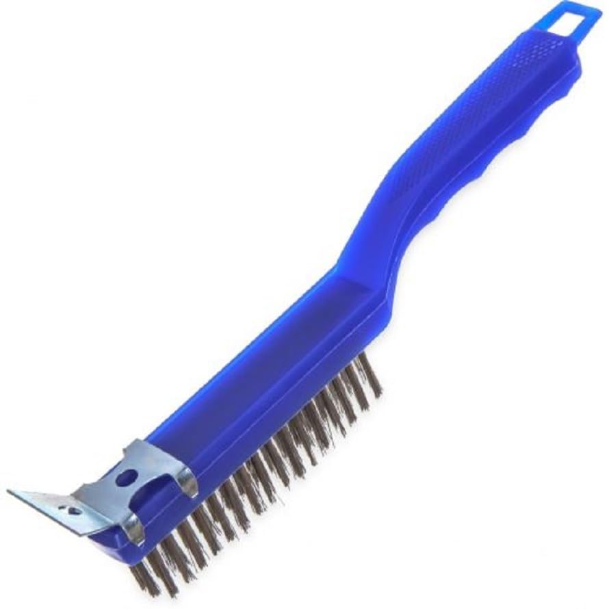 Heavy Duty Scratch Brush Blue 11 1/2 Inch Sparta Pistol Grip Plastic Handle with Stainless Steel Bristles and End-Scraper,4067200 (Pack of 1)