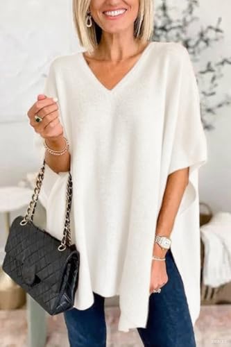 Image of Pinclodly Womens Poncho Sweater Women V Neck Ponchos and Wraps Batwing Sleeveless Shawl Pullover Sweaters Women's Clothing